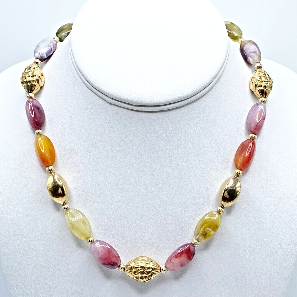 Vintage Napier Lucite Marbled Faux Stone Gold Tone Beaded Necklace Colorful 16"